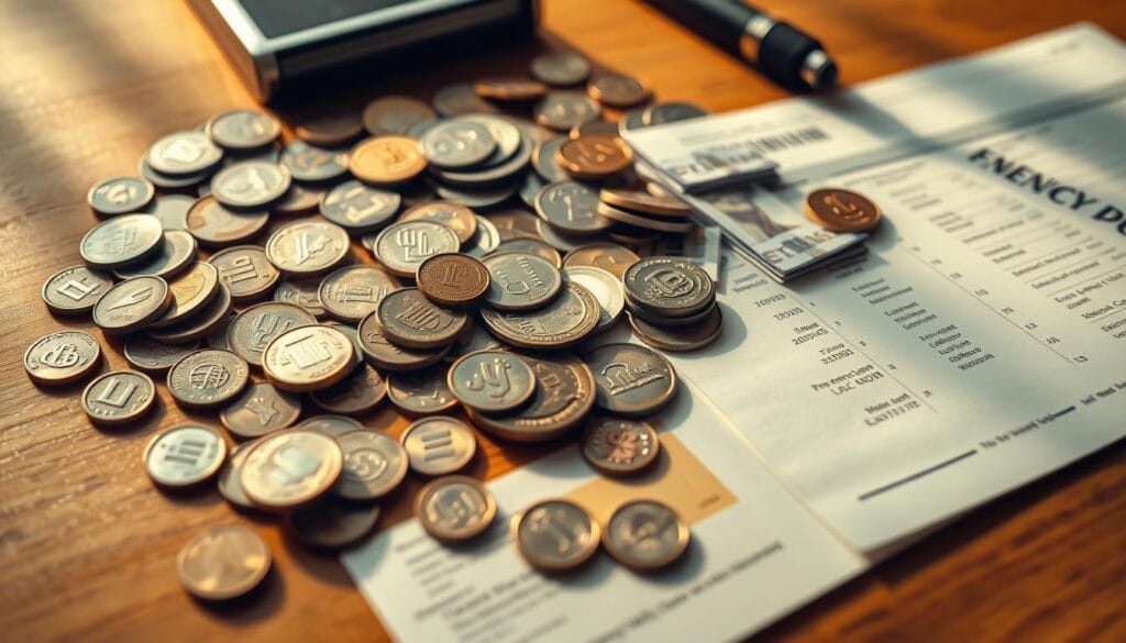 A detailed close-up view of various coins, bills, and financial documents scattered across a wooden desk. The scene is evenly lit from above, creating warm, soft shadows that accentuate the textures and materials. The composition emphasizes the diversity of fees and costs associated with micro-investing, including transaction fees, management fees, and account maintenance charges. The overall mood is one of contemplation and careful financial planning. A detailed close-up view of various coins, bills, and financial documents scattered across a wooden desk. The scene is evenly lit from above, creating warm, soft shadows that accentuate the textures and materials. The composition emphasizes the diversity of fees and costs associated with micro-investing, including transaction fees, management fees, and account maintenance charges. The overall mood is one of contemplation and careful financial planning.