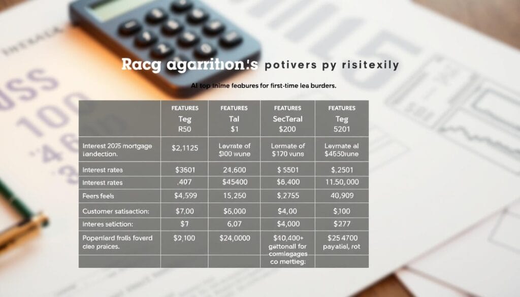 A detailed comparison chart showcasing key features of top mortgage lenders for first-time buyers in 2025. The chart is displayed against a softly blurred background of modern financial documents and calculator. In the foreground, various data visualizations and icons depict metrics such as interest rates, loan amounts, fees, and customer satisfaction ratings. The layout is clean and minimalist, allowing the information to take center stage. Subtle lighting from above casts a warm, professional glow across the scene. The overall tone is one of helpful guidance and transparent information to empower first-time homebuyers.