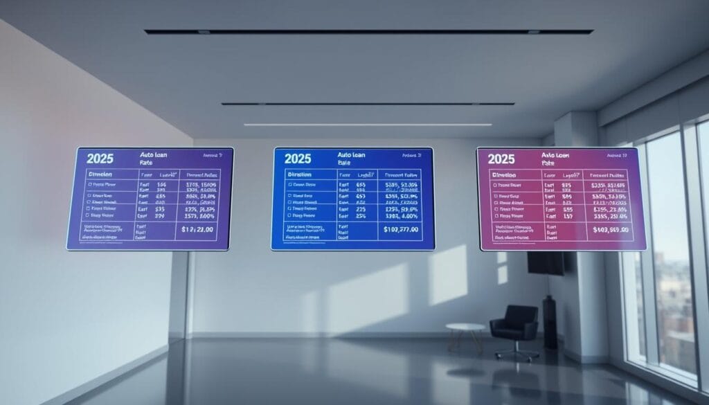 A detailed comparison of auto loan rates in 2025, displayed on three holographic screens floating in a sleek, modern office space. The screens showcase various loan options, interest rates, and financing details, all rendered in crisp, vibrant holograms that appear to hover in the air. Soft, directional lighting casts subtle shadows, adding depth and dimension to the scene. The background is a minimalist, high-tech interior with clean lines and neutral tones, allowing the loan information to take center stage. The overall atmosphere is one of precision, clarity, and financial transparency, reflecting the importance of understanding auto loan options in the year 2025. A detailed comparison of auto loan rates in 2025, displayed on three holographic screens floating in a sleek, modern office space. The screens showcase various loan options, interest rates, and financing details, all rendered in crisp, vibrant holograms that appear to hover in the air. Soft, directional lighting casts subtle shadows, adding depth and dimension to the scene. The background is a minimalist, high-tech interior with clean lines and neutral tones, allowing the loan information to take center stage. The overall atmosphere is one of precision, clarity, and financial transparency, reflecting the importance of understanding auto loan options in the year 2025.