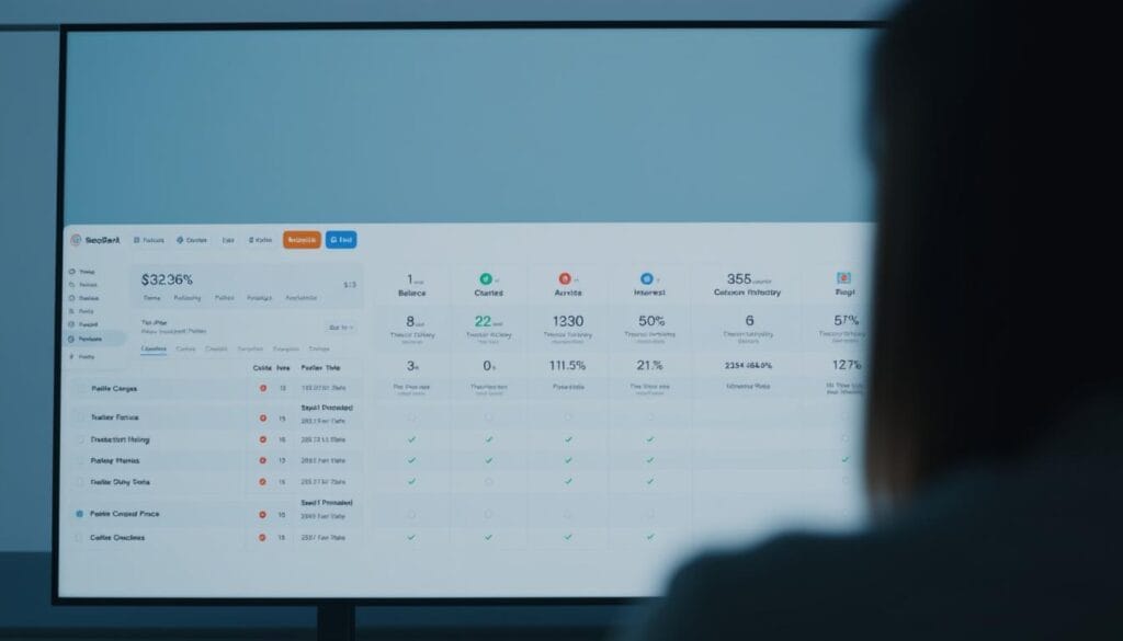 A detailed comparison of checking account features displayed on a clean, modern interface. The foreground shows a minimalist dashboard with colorful icons representing various account details - balance, transaction history, fees, and interest rates. The middle ground features rows of account options, each with distinct branding, alongside comparison charts highlighting key differences. In the background, a subtle grid pattern or geometric shapes create a sense of structure and organization. Soft lighting and muted tones convey a professional, trustworthy atmosphere for this neobank review.