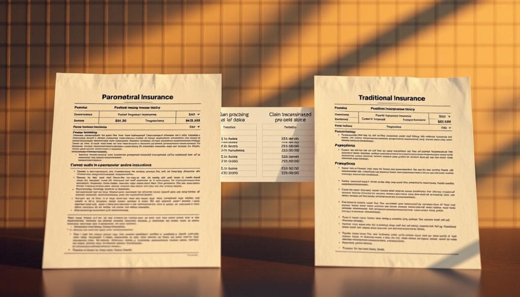 A detailed comparison of parametric and traditional insurance policies, captured in a sleek and informative visual. The foreground displays two contrasting insurance documents, one with a modern, digital interface and the other a classic paper-based format. The middle ground showcases a side-by-side analysis, highlighting the key differences in claim processing speed, transparency, and fairness. The background features a subtle grid pattern, lending a sense of structure and technicality to the scene. Warm, directional lighting casts subtle shadows, creating depth and emphasizing the distinct characteristics of each insurance approach. The overall tone is one of clarity and professionalism, inviting the viewer to appreciate the nuanced distinctions between parametric and traditional insurance.