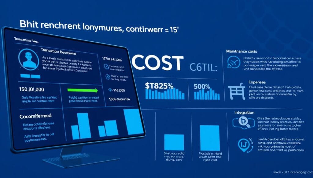 A detailed data visualization illustrating the costs associated with blockchain-based payment software. A sleek, modern interface displays various cost factors such as transaction fees, maintenance costs, and integration expenses. The image has a cool, minimalist color palette of blues and grays, with clean typography and well-organized infographic elements. The composition features an angled perspective, with the main cost breakdown placed in the foreground and supporting statistics in the middle ground. The background has a subtle grid or blockchain-inspired pattern to reinforce the technology theme. The overall mood is informative, data-driven, and visually appealing.