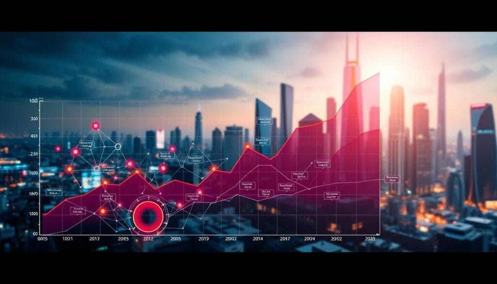 A detailed data visualization showcasing the growth trends of the AI market, rendered in a crisp, professional style. In the foreground, a line graph depicts the exponential rise in AI adoption, with vibrant colors and clear labels. The middle ground features abstract shapes and geometric patterns, symbolizing the technological complexity and interconnectedness of the AI ecosystem. In the background, a cityscape backdrop with sleek, futuristic skyscrapers suggests the widespread integration of AI in various industries. The overall scene is lit by a warm, cinematic lighting, creating a sense of optimism and innovation. The image conveys the exciting potential and income opportunities presented by the rapidly expanding AI market.