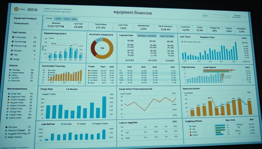 A detailed financial analysis dashboard displaying equipment financing rates, loan terms, and amortization schedules. A crisp, modern interface with clean typography and intuitive data visualizations. A soft, neutral color palette with hints of warm tones creates a professional, authoritative atmosphere. Thoughtfully arranged charts, graphs, and data tables provide a comprehensive overview of equipment financing options. Captured in an elegant, minimalist style using a wide-angle camera lens to showcase the comprehensive nature of the dashboard. Subtle backlighting illuminates the dashboard, creating a sense of depth and emphasizing the analytical nature of the content.