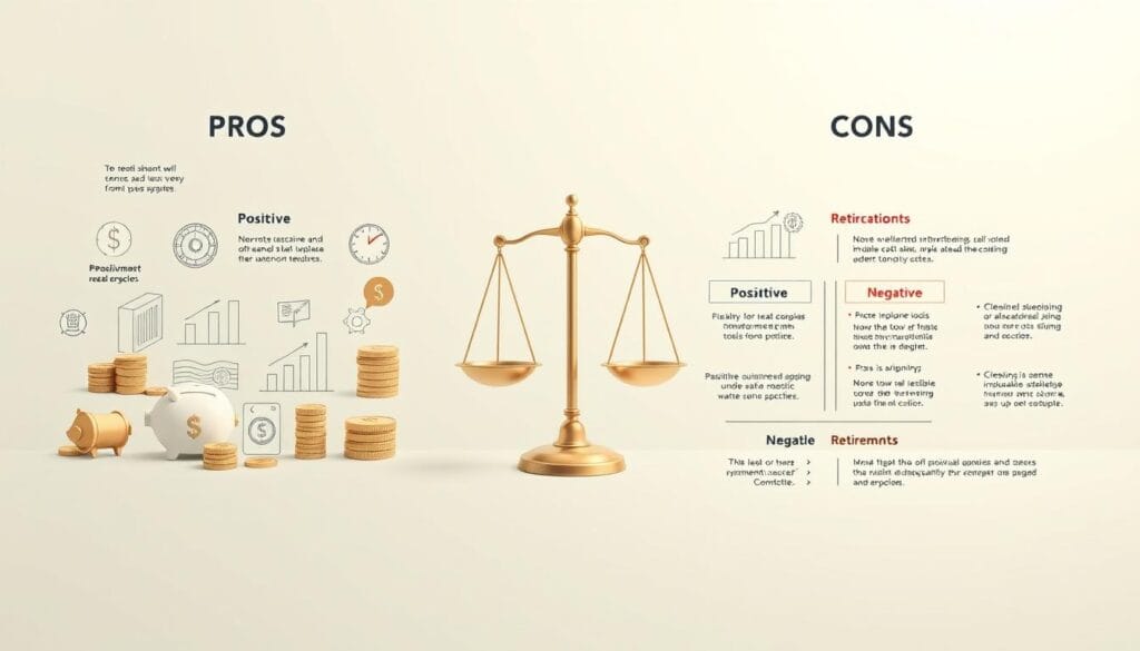 A detailed illustrated infographic depicting the pros and cons of financial tools for retirement planning. In the foreground, a series of financial icons such as piggy banks, coins, and charts are arranged in a balanced, symmetrical layout. The middle ground features a pair of scales, with the positive attributes weighed against the negative aspects of each tool. The background is a soft, gradient-based palette, providing a clean, minimalist backdrop to highlight the key information. The lighting is soft and diffused, creating a sense of clarity and focus on the central financial elements. The overall composition conveys a sense of objectivity and financial expertise, suitable for inclusion in a retirement planning article. A detailed illustrated infographic depicting the pros and cons of financial tools for retirement planning. In the foreground, a series of financial icons such as piggy banks, coins, and charts are arranged in a balanced, symmetrical layout. The middle ground features a pair of scales, with the positive attributes weighed against the negative aspects of each tool. The background is a soft, gradient-based palette, providing a clean, minimalist backdrop to highlight the key information. The lighting is soft and diffused, creating a sense of clarity and focus on the central financial elements. The overall composition conveys a sense of objectivity and financial expertise, suitable for inclusion in a retirement planning article.