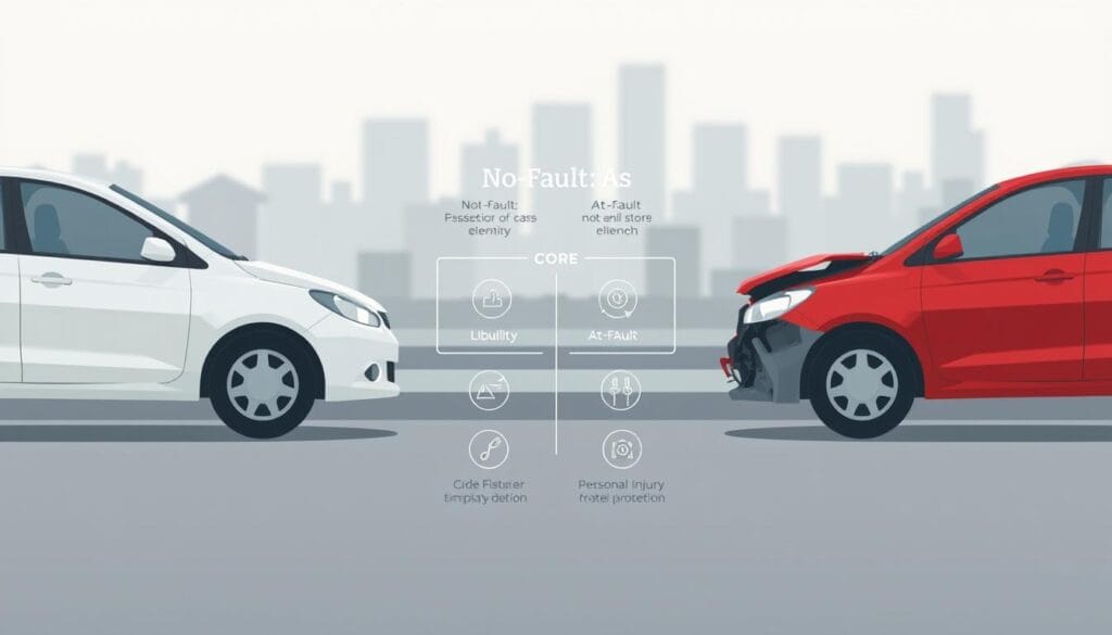 A detailed illustration depicting the key differences between no-fault and at-fault car insurance coverage. In the foreground, two vehicles are positioned side-by-side, one representing no-fault and the other at-fault. The no-fault vehicle has a clean, unscathed exterior, while the at-fault vehicle shows visible damage. In the middle ground, a visual breakdown of the core coverage elements, such as liability, collision, and personal injury protection, is presented using clear iconography and infographic-style layouts. The background features a soft, blurred cityscape, suggesting the real-world applicability of these insurance concepts. The overall scene is rendered in a clean, minimal aesthetic with muted colors, emphasizing the informative nature of the illustration. A detailed illustration depicting the key differences between no-fault and at-fault car insurance coverage. In the foreground, two vehicles are positioned side-by-side, one representing no-fault and the other at-fault. The no-fault vehicle has a clean, unscathed exterior, while the at-fault vehicle shows visible damage. In the middle ground, a visual breakdown of the core coverage elements, such as liability, collision, and personal injury protection, is presented using clear iconography and infographic-style layouts. The background features a soft, blurred cityscape, suggesting the real-world applicability of these insurance concepts. The overall scene is rendered in a clean, minimal aesthetic with muted colors, emphasizing the informative nature of the illustration.