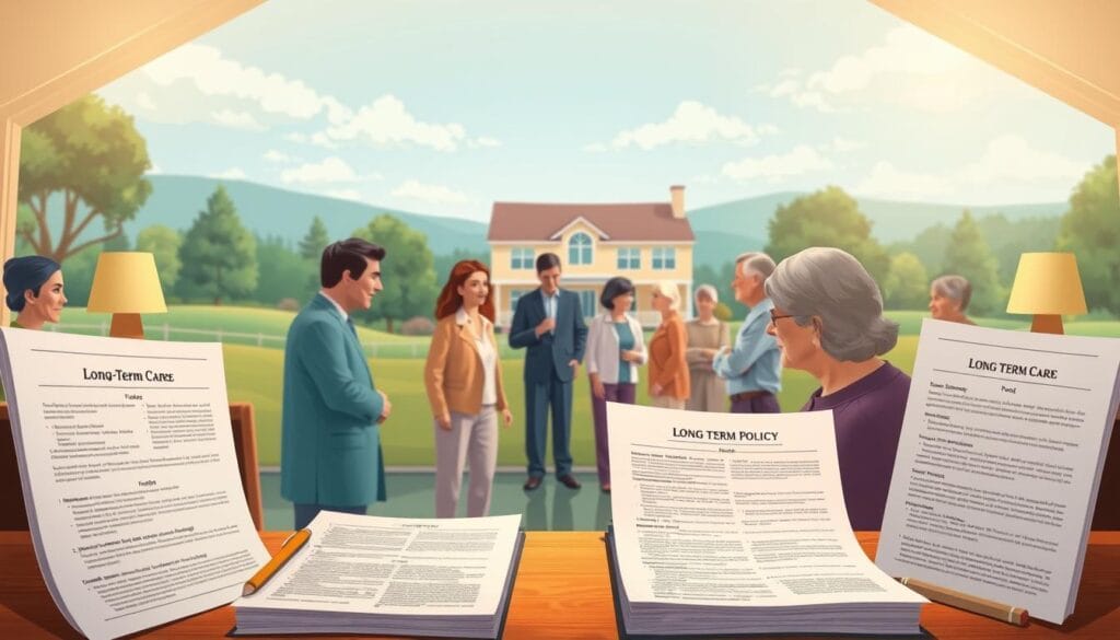 A detailed illustration depicting various types of long-term care insurance policies. In the foreground, different policy documents are displayed, showcasing their unique features and coverage options. The middle ground features a diverse group of individuals, each representing a potential policyholder, considering their long-term care needs. In the background, a serene landscape with a nursing home or assisted living facility sets the stage for the importance of these insurance policies. The lighting is warm and inviting, creating a sense of reassurance and security. The scene is captured with a wide-angle lens, allowing for a comprehensive view of the various elements and their interconnectedness.