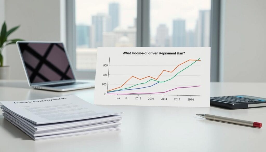 A detailed illustration of income-driven repayment plans on a crisp, clean background. In the foreground, a stack of student loan documents and a calculator symbolizing the financial calculations involved. In the middle ground, a line graph depicting debt repayment over time, with multiple colored lines representing different repayment plan options. In the background, a minimalist office setting with a laptop, pen, and a window overlooking a cityscape, suggesting the professional context. The overall mood is informative, data-driven, and focused on financial planning, conveying the key eligibility criteria for student loan forgiveness. Soft, even lighting from the side illuminates the scene, emphasizing the clarity and precision of the repayment plan visualizations.