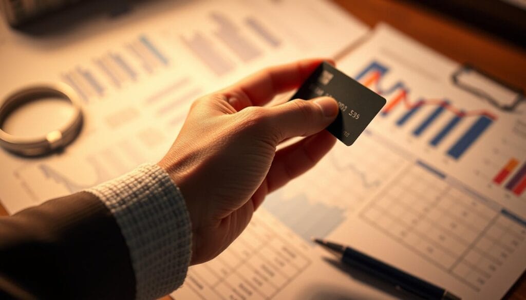 A detailed illustration of the impact of credit score on personal loan rates, presented in a realistic and visually striking manner. A close-up view of a person's hand holding a credit card, set against a blurred background of financial documents and charts. Warm lighting casts a soft glow, creating a sense of thoughtfulness and introspection. The composition emphasizes the central role of credit score in determining loan affordability, with subtle visual cues such as a graph or chart in the background hinting at the complex financial factors at play. An overall tone of seriousness and importance, conveying the significance of credit score in securing the best personal loan rates. A detailed illustration of the impact of credit score on personal loan rates, presented in a realistic and visually striking manner. A close-up view of a person's hand holding a credit card, set against a blurred background of financial documents and charts. Warm lighting casts a soft glow, creating a sense of thoughtfulness and introspection. The composition emphasizes the central role of credit score in determining loan affordability, with subtle visual cues such as a graph or chart in the background hinting at the complex financial factors at play. An overall tone of seriousness and importance, conveying the significance of credit score in securing the best personal loan rates.