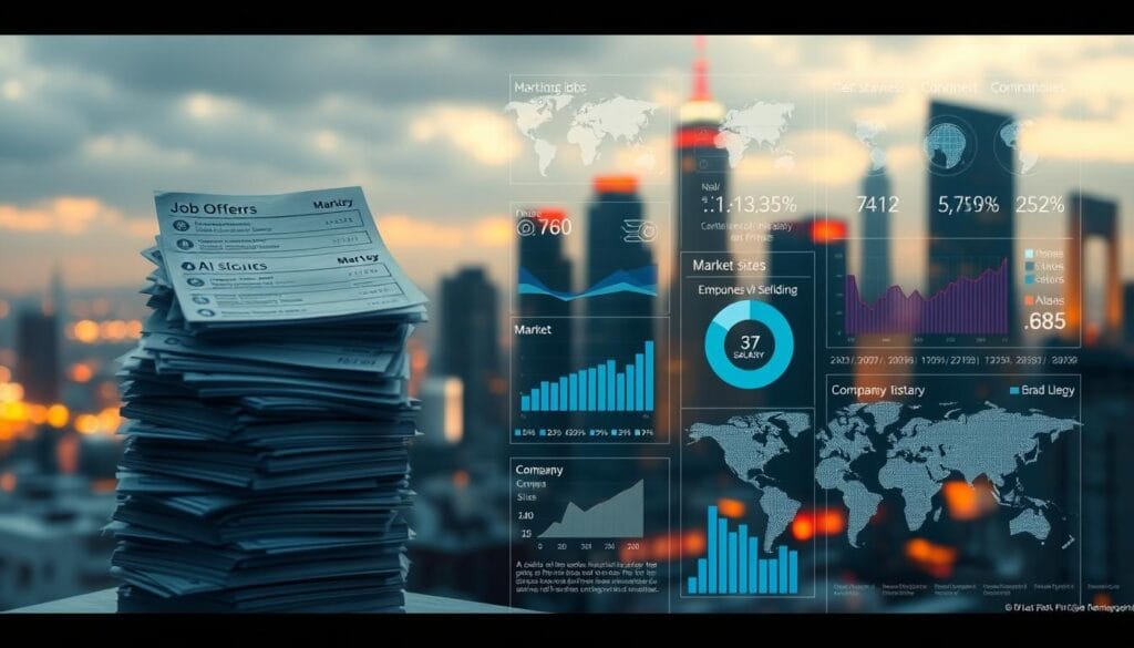 A detailed illustration of various factors influencing AI salaries. In the foreground, a stack of job offers, salary figures, and skill badges float against a blurred backdrop. In the middle ground, data visualizations and charts depict market trends, company sizes, and geographic regions. In the background, a futuristic cityscape with towering skyscrapers and glowing holograms sets the scene. Soft lighting creates a contemplative mood, while a cinematic camera angle provides a comprehensive overview of the complex landscape of AI compensation.
