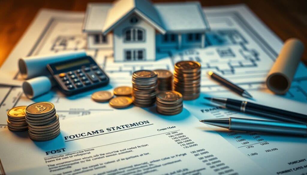 A detailed image showcasing the various fees and costs associated with a construction loan. In the foreground, a collection of financial documents, including a loan agreement, mortgage statement, and itemized cost breakdown. Surrounding these elements, a middle ground featuring stacks of coins, a calculator, and a pen, conveying the financial calculations involved. In the background, a blurred architectural blueprint or house plan, hinting at the ultimate goal of the construction loan. The scene is illuminated by warm, directional lighting, creating a sense of professionalism and attention to detail. The overall mood is one of thoughtful financial planning and careful consideration of the costs involved in building a dream home. A detailed image showcasing the various fees and costs associated with a construction loan. In the foreground, a collection of financial documents, including a loan agreement, mortgage statement, and itemized cost breakdown. Surrounding these elements, a middle ground featuring stacks of coins, a calculator, and a pen, conveying the financial calculations involved. In the background, a blurred architectural blueprint or house plan, hinting at the ultimate goal of the construction loan. The scene is illuminated by warm, directional lighting, creating a sense of professionalism and attention to detail. The overall mood is one of thoughtful financial planning and careful consideration of the costs involved in building a dream home.