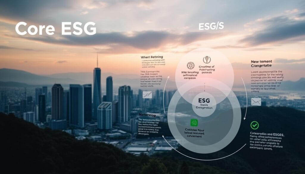 A detailed infographic depicting the core ESG (Environmental, Social, and Governance) criteria. In the foreground, a sleek diagram showcases the three interconnected pillars of ESG, with icons and data visualizations highlighting key metrics. The middle ground features a city skyline with sustainable architecture and renewable energy sources, conveying the real-world application of ESG principles. In the background, a serene natural landscape symbolizes environmental stewardship. The overall mood is one of balance, progress, and a harmonious integration of business, society, and the planet. The image is rendered in a clean, modern aesthetic with a focus on clarity and impact.