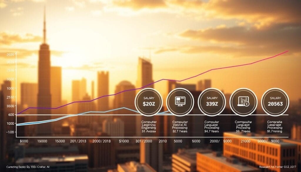 A detailed infographic depicting the current salary trends in the AI career landscape. The foreground showcases a line graph with labeled data points illustrating the average salaries for various AI-related roles, such as machine learning engineer, data scientist, and AI research scientist, over the past 5 years. The middle ground features a series of circular icons representing the different AI fields, like computer vision, natural language processing, and reinforcement learning, with their respective salary ranges. The background depicts a cityscape with skyscrapers, conveying the high-tech, urban setting of the AI industry. The scene is illuminated by a warm, golden-hour lighting, creating a professional and aspirational atmosphere. A detailed infographic depicting the current salary trends in the AI career landscape. The foreground showcases a line graph with labeled data points illustrating the average salaries for various AI-related roles, such as machine learning engineer, data scientist, and AI research scientist, over the past 5 years. The middle ground features a series of circular icons representing the different AI fields, like computer vision, natural language processing, and reinforcement learning, with their respective salary ranges. The background depicts a cityscape with skyscrapers, conveying the high-tech, urban setting of the AI industry. The scene is illuminated by a warm, golden-hour lighting, creating a professional and aspirational atmosphere.