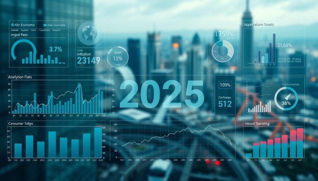 A detailed infographic showcasing a range of economic indicators for the year 2025. In the foreground, a series of dynamic charts and graphs depict key metrics such as GDP growth, inflation rates, unemployment figures, and consumer spending trends. The middle ground features a sleek, minimalist dashboard visualizing macroeconomic data against a backdrop of subtle grid lines and numerical callouts. In the background, a blurred cityscape provides a sense of the broader economic landscape, with skyscrapers and infrastructure conveying the scale and interconnectedness of the global economy. The overall composition is rendered in a cool, sophisticated color palette, with careful attention to lighting and depth of field to create a clean, authoritative, and data-driven aesthetic. A detailed infographic showcasing a range of economic indicators for the year 2025. In the foreground, a series of dynamic charts and graphs depict key metrics such as GDP growth, inflation rates, unemployment figures, and consumer spending trends. The middle ground features a sleek, minimalist dashboard visualizing macroeconomic data against a backdrop of subtle grid lines and numerical callouts. In the background, a blurred cityscape provides a sense of the broader economic landscape, with skyscrapers and infrastructure conveying the scale and interconnectedness of the global economy. The overall composition is rendered in a cool, sophisticated color palette, with careful attention to lighting and depth of field to create a clean, authoritative, and data-driven aesthetic.