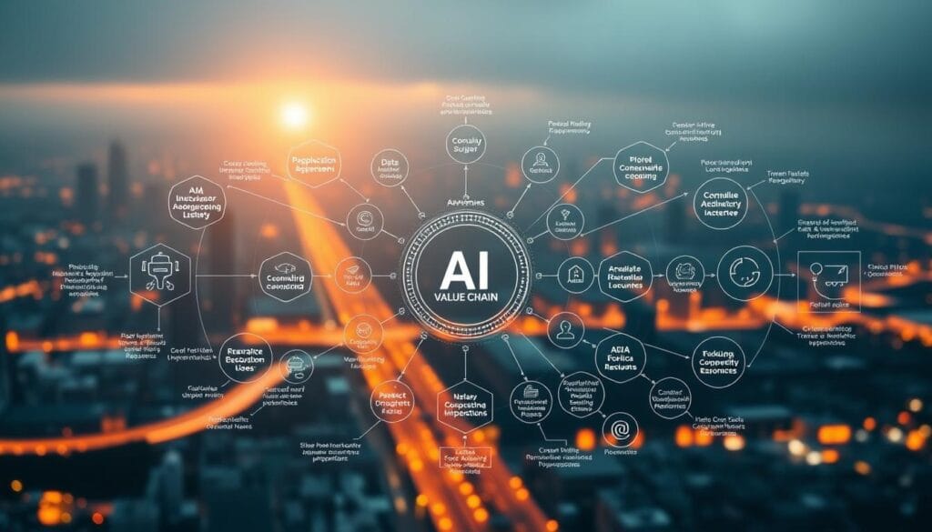 A detailed, interconnected diagram of the AI value chain structure, showcasing the key components and their relationships. In the foreground, a central hub represents the core AI technology, surrounded by interconnected nodes depicting the various applications, services, and supporting infrastructure. The middle ground features distinct layers highlighting the data, computing resources, and research/development activities that fuel the AI ecosystem. In the background, a subtle cityscape or industrial landscape sets the context, illuminated by warm, focused lighting to convey a sense of innovation and progress. The overall composition should convey the complexity and interdependence of the AI value chain, reflecting the subject of "Understanding the AI Value Chain" for the article. A detailed, interconnected diagram of the AI value chain structure, showcasing the key components and their relationships. In the foreground, a central hub represents the core AI technology, surrounded by interconnected nodes depicting the various applications, services, and supporting infrastructure. The middle ground features distinct layers highlighting the data, computing resources, and research/development activities that fuel the AI ecosystem. In the background, a subtle cityscape or industrial landscape sets the context, illuminated by warm, focused lighting to convey a sense of innovation and progress. The overall composition should convey the complexity and interdependence of the AI value chain, reflecting the subject of "Understanding the AI Value Chain" for the article.