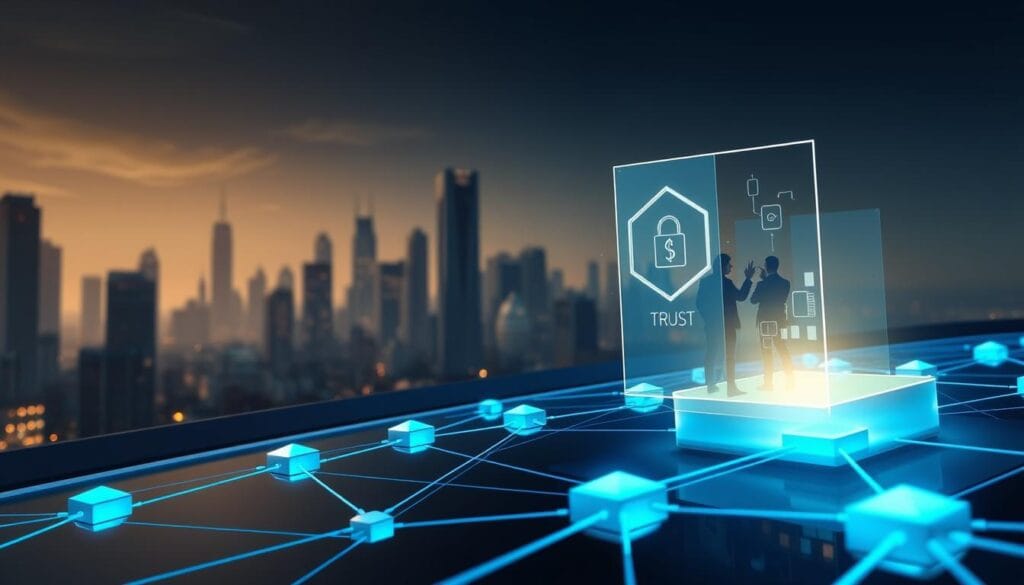 A detailed, realistic illustration of blockchain trust solutions. In the foreground, a secure blockchain network with interconnected nodes, represented by sleek, geometric shapes in cool tones. In the middle ground, a group of people interacting with a transparent, holographic interface, conveying the idea of decentralized trust and consensus. The background features a cityscape with towering skyscrapers, suggesting the integration of blockchain technology within the financial ecosystem. The lighting is soft and directional, creating depth and emphasizing the technological elegance of the scene. The overall mood is one of innovation, trust, and the transformative potential of distributed ledger technology. A detailed, realistic illustration of blockchain trust solutions. In the foreground, a secure blockchain network with interconnected nodes, represented by sleek, geometric shapes in cool tones. In the middle ground, a group of people interacting with a transparent, holographic interface, conveying the idea of decentralized trust and consensus. The background features a cityscape with towering skyscrapers, suggesting the integration of blockchain technology within the financial ecosystem. The lighting is soft and directional, creating depth and emphasizing the technological elegance of the scene. The overall mood is one of innovation, trust, and the transformative potential of distributed ledger technology.