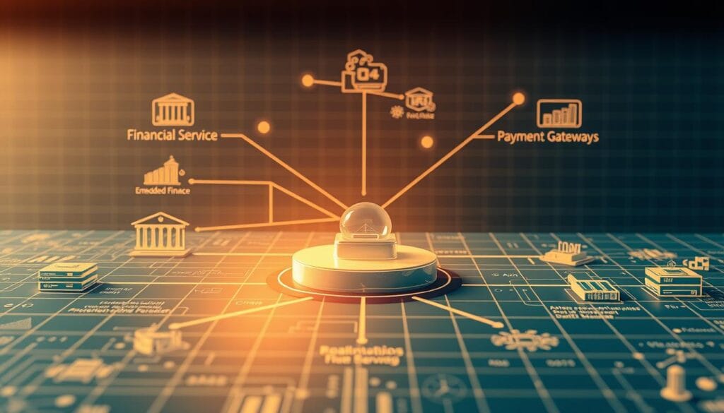A detailed schematic diagram depicting the interconnected components of embedded finance, rendered in a technical, blueprint-like style. The foreground showcases a central financial services hub, surrounded by peripheral elements like banking infrastructure, payment gateways, and customer-facing applications. The middle ground features data flows, APIs, and integration points, hinting at the seamless connectivity between various financial systems. The background is a minimalist grid, suggesting the underlying technological framework that enables embedded finance. Warm lighting casts a soft glow, creating a sense of clarity and understanding. The overall impression conveys the sophisticated, yet accessible nature of embedded finance.