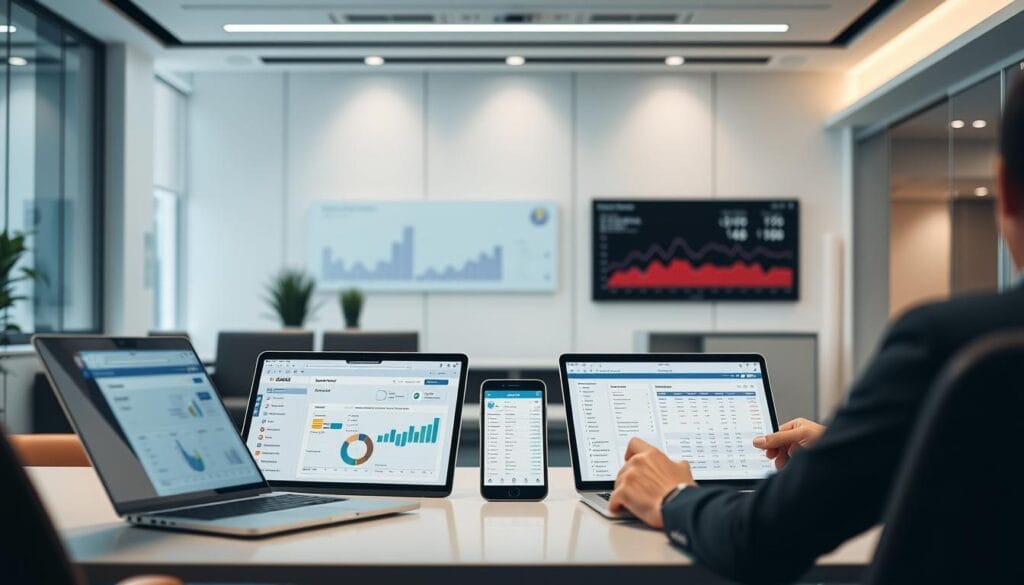 A detailed, side-by-side comparison of leading expense management software solutions. In the foreground, sleek modern laptops and mobile devices display the intuitive user interfaces of several popular platforms. In the middle ground, data visualizations and financial reports showcase the key features and capabilities of each tool. The background depicts a sophisticated office setting with clean lines, geometric patterns, and a subtle play of light and shadow, conveying a sense of professionalism and productivity. The overall mood is one of informed decision-making, efficiency, and a commitment to streamlining expense tracking. A detailed, side-by-side comparison of leading expense management software solutions. In the foreground, sleek modern laptops and mobile devices display the intuitive user interfaces of several popular platforms. In the middle ground, data visualizations and financial reports showcase the key features and capabilities of each tool. The background depicts a sophisticated office setting with clean lines, geometric patterns, and a subtle play of light and shadow, conveying a sense of professionalism and productivity. The overall mood is one of informed decision-making, efficiency, and a commitment to streamlining expense tracking.