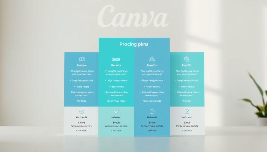 A detailed side-by-side comparison of the Canva Pro pricing plans, showcasing the features and benefits of each tier. The image should have a clean, minimalist design, with the plans neatly arranged in a grid layout. The foreground should feature the pricing tiers and their corresponding icons, while the background should have a subtle, soft-focus Canva branding element to establish context. The lighting should be natural and evenly distributed, creating a professional, informative atmosphere. The composition should be well-balanced, with a clear hierarchy and emphasis on the key pricing details.