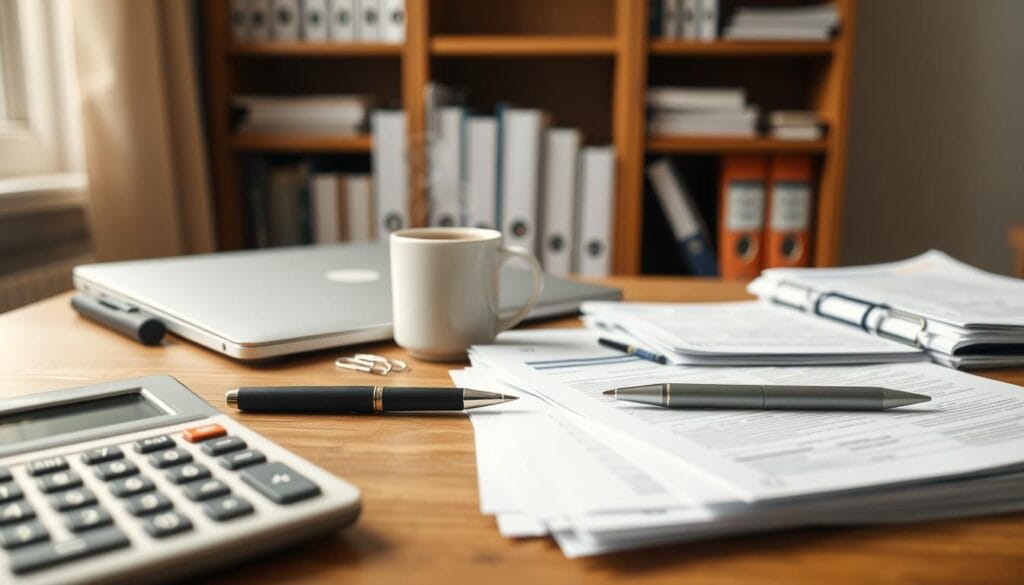 A detailed still life arrangement of tax preparation tools and documents, captured in soft, natural lighting. In the foreground, a calculator, pen, and stack of forms sit atop a wooden desk. The middle ground features a laptop, paperclips, and a mug of steaming coffee. In the background, an orderly bookshelf holds tax guidebooks and folders. The overall atmosphere is one of quiet focus and organization, conveying the tools and resources needed to navigate the tax preparation process with confidence.