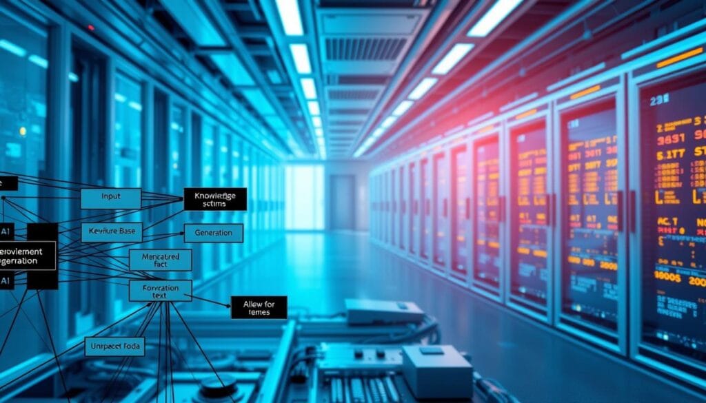 A detailed technical diagram of a Retrieval-Augmented Generation (RAG) system architecture. In the foreground, a neural network model with labeled input, retrieval, and generation components. In the middle ground, a knowledge base containing structured facts and unstructured text. In the background, a sleek futuristic data center with servers, cooling systems, and glowing status indicators. The scene is lit by cool, blue-tinted lighting, conveying a sense of precision and innovation. The overall composition suggests the power of combining retrieval and generation to create intelligent, knowledge-driven systems. A detailed technical diagram of a Retrieval-Augmented Generation (RAG) system architecture. In the foreground, a neural network model with labeled input, retrieval, and generation components. In the middle ground, a knowledge base containing structured facts and unstructured text. In the background, a sleek futuristic data center with servers, cooling systems, and glowing status indicators. The scene is lit by cool, blue-tinted lighting, conveying a sense of precision and innovation. The overall composition suggests the power of combining retrieval and generation to create intelligent, knowledge-driven systems.