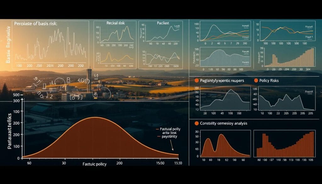 A detailed technical illustration depicting the concept of basis risk in parametric insurance policies. In the foreground, a schematic representation of a parametric policy payout curve, highlighting the mismatch between the actual loss and the policy payout. In the middle ground, a landscape with buildings, infrastructure, and people, representing the real-world scenario where the parametric policy is intended to provide coverage. In the background, a series of graphs and charts visualizing the statistical analysis of basis risk, including probability distributions, correlation coefficients, and sensitivity analyses. The overall mood is one of careful analysis and contemplation, with a neutral, informative tone conveyed through the technical imagery and data visualizations.