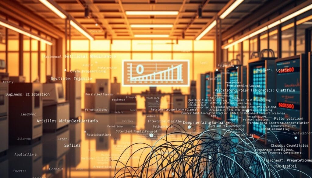 A detailed, technical illustration of the evolution of programming languages in artificial intelligence research. In the foreground, a cluster of intertwined code snippets representing various AI-focused programming paradigms, from classic procedural languages to modern machine learning frameworks. In the middle ground, a holographic display showcases the progression of AI milestones, from early rule-based systems to deep neural networks. In the background, a sleek, futuristic research laboratory with gleaming equipment and floor-to-ceiling windows, bathed in warm, focused lighting that creates a contemplative, scientific atmosphere. The overall composition conveys the intellectual depth and technical sophistication of the field of AI programming language development. A detailed, technical illustration of the evolution of programming languages in artificial intelligence research. In the foreground, a cluster of intertwined code snippets representing various AI-focused programming paradigms, from classic procedural languages to modern machine learning frameworks. In the middle ground, a holographic display showcases the progression of AI milestones, from early rule-based systems to deep neural networks. In the background, a sleek, futuristic research laboratory with gleaming equipment and floor-to-ceiling windows, bathed in warm, focused lighting that creates a contemplative, scientific atmosphere. The overall composition conveys the intellectual depth and technical sophistication of the field of AI programming language development.