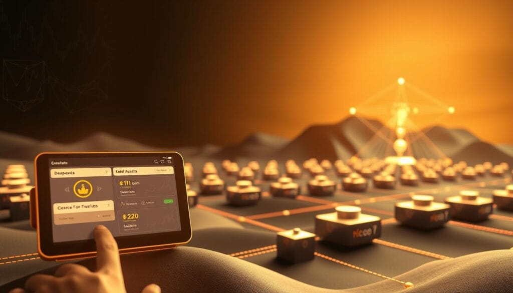 A detailed visualization of the decentralized finance collateralization process. In the foreground, a digital wallet interface displays asset deposits and loan requests. In the middle ground, blockchain nodes process transactions and secure the lending protocol. In the background, a stylized abstract landscape depicts the decentralized network architecture. The scene is illuminated by a warm, diffused lighting that creates a sense of depth and clarity. The camera angle is slightly elevated, providing an overview of the interconnected components. The overall mood conveys the transparent, trustless, and peer-to-peer nature of DeFi lending. A detailed visualization of the decentralized finance collateralization process. In the foreground, a digital wallet interface displays asset deposits and loan requests. In the middle ground, blockchain nodes process transactions and secure the lending protocol. In the background, a stylized abstract landscape depicts the decentralized network architecture. The scene is illuminated by a warm, diffused lighting that creates a sense of depth and clarity. The camera angle is slightly elevated, providing an overview of the interconnected components. The overall mood conveys the transparent, trustless, and peer-to-peer nature of DeFi lending.