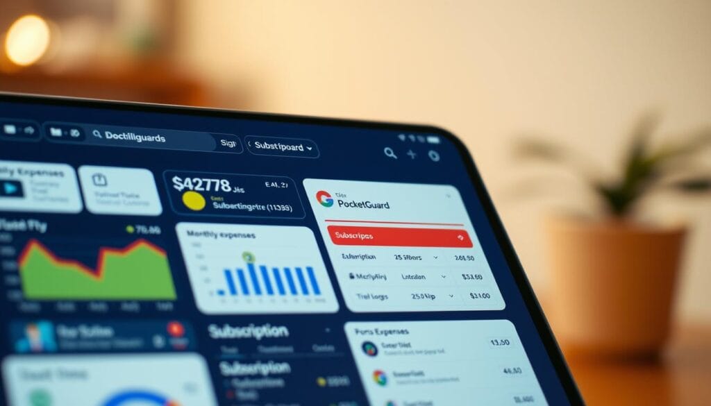 A detailed, well-lit closeup view of the PocketGuard budgeting app's main dashboard interface, showcasing its key features. The foreground displays the app's intuitive layout with colorful graphs, charts, and widgets tracking monthly expenses, bills, and subscription payments. The middle ground highlights the app's subscription management tools, allowing users to easily view, manage, and unsubscribe from various services. The background subtly blurs to emphasize the app's clean, modern design aesthetic, with a soft, warm lighting scheme to convey a sense of clarity and control over personal finances.