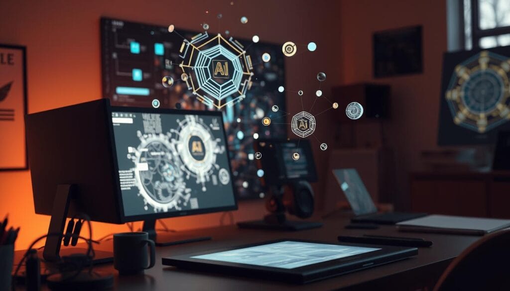 A digital artist's workspace, with a sleek computer, a stylus-equipped digital drawing tablet, and an array of AI-generated design elements hovering in the air. The scene is illuminated by a warm, ambient light, casting soft shadows and highlights on the various tools and canvases. In the background, a dynamic visual representation of the AI-driven design process, with complex algorithms and data visualizations unfolding in a captivating display. The overall atmosphere conveys a sense of creativity, innovation, and the seamless integration of human and machine intelligence in the pursuit of unique and compelling digital art. A digital artist's workspace, with a sleek computer, a stylus-equipped digital drawing tablet, and an array of AI-generated design elements hovering in the air. The scene is illuminated by a warm, ambient light, casting soft shadows and highlights on the various tools and canvases. In the background, a dynamic visual representation of the AI-driven design process, with complex algorithms and data visualizations unfolding in a captivating display. The overall atmosphere conveys a sense of creativity, innovation, and the seamless integration of human and machine intelligence in the pursuit of unique and compelling digital art.