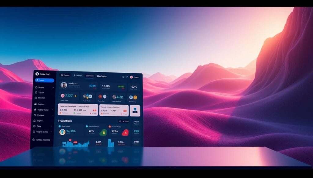 A digital asset platform interface with a sleek, modern design. In the foreground, a clean user dashboard showcases various NFT collections, trading activity, and portfolio management tools. The middle ground features a prominent search bar and categorized navigation menus, allowing users to easily browse and discover new digital assets. In the background, a vibrant, abstract landscape created by advanced generative algorithms sets the mood for a cutting-edge, technology-driven experience. Warm, directional lighting from the right side casts subtle shadows, adding depth and dimensionality to the scene. The overall tone is one of sophistication, innovation, and seamless digital engagement. A digital asset platform interface with a sleek, modern design. In the foreground, a clean user dashboard showcases various NFT collections, trading activity, and portfolio management tools. The middle ground features a prominent search bar and categorized navigation menus, allowing users to easily browse and discover new digital assets. In the background, a vibrant, abstract landscape created by advanced generative algorithms sets the mood for a cutting-edge, technology-driven experience. Warm, directional lighting from the right side casts subtle shadows, adding depth and dimensionality to the scene. The overall tone is one of sophistication, innovation, and seamless digital engagement.