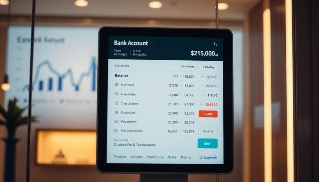 A digital bank account statement displayed on a modern, backlit glass display. The interface shows a balance, recent transactions, and payment options. The foreground has a clean, minimal design with crisp typography and intuitive icons. The middle ground features a blurred, out-of-focus image of financial graphs and charts, suggesting data-driven investment insights. The background has a soft, gradient-based color scheme, evoking a sense of professionalism and trust. Warm, indirect lighting casts a subtle glow, creating a calming, yet informative atmosphere. The camera angle is slightly tilted, adding a touch of dynamism to the composition. A digital bank account statement displayed on a modern, backlit glass display. The interface shows a balance, recent transactions, and payment options. The foreground has a clean, minimal design with crisp typography and intuitive icons. The middle ground features a blurred, out-of-focus image of financial graphs and charts, suggesting data-driven investment insights. The background has a soft, gradient-based color scheme, evoking a sense of professionalism and trust. Warm, indirect lighting casts a subtle glow, creating a calming, yet informative atmosphere. The camera angle is slightly tilted, adding a touch of dynamism to the composition.