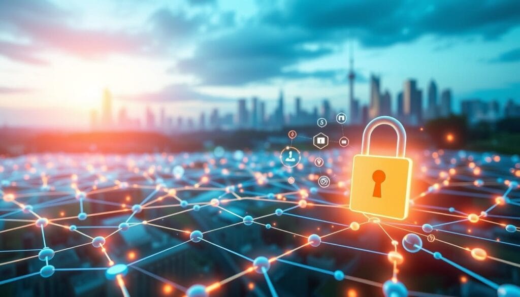 A digital landscape depicting the intersection of blockchain technology and fraud detection. In the foreground, a secure, tamper-evident blockchain ledger with interlinked transaction records, symbolizing the transparency and immutability of decentralized data. In the middle ground, an array of insurance-related icons and symbols, alluding to the application of blockchain in streamlining insurance claims. The background features a cityscape with skyscrapers, hinting at the broader adoption of blockchain solutions in the financial industry. The overall scene is bathed in a cool, futuristic color palette, conveying a sense of technological innovation and enhanced security.