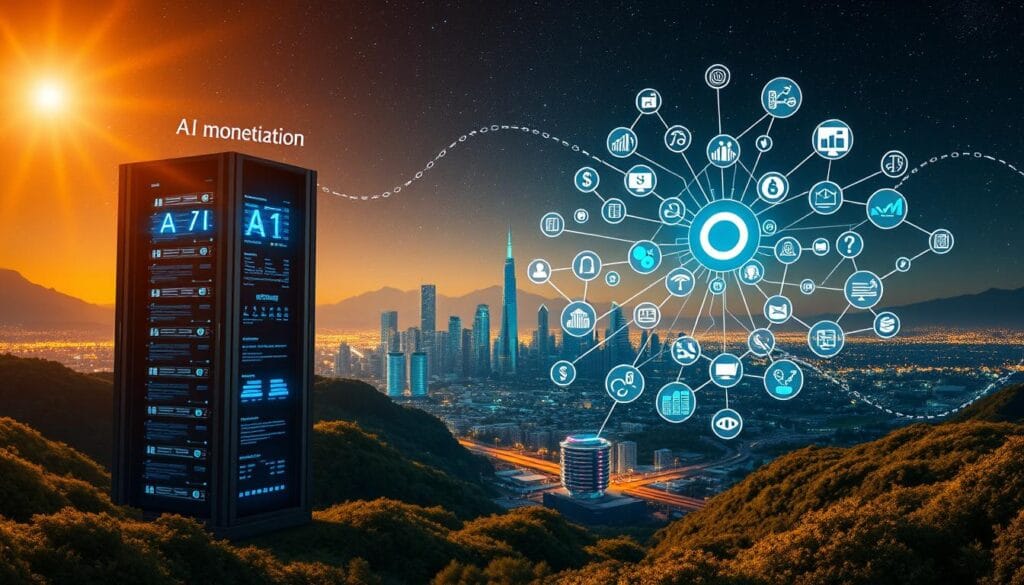A digital landscape depicting the various monetization strategies of AI. In the foreground, a towering data server stands as the centerpiece, its glowing blue lights representing the power of AI. Surrounding it, a collection of icons and symbols representing different AI monetization methods - subscriptions, licenses, ad revenue, and more, all interconnected in a dynamic web. In the middle ground, a cityscape of futuristic skyscrapers and research labs, hinting at the integration of AI into the business world. The background features a starry night sky, conveying the limitless potential of this emerging technology. The overall scene is bathed in a warm, hopeful glow, capturing the excitement and opportunity of AI monetization. A digital landscape depicting the various monetization strategies of AI. In the foreground, a towering data server stands as the centerpiece, its glowing blue lights representing the power of AI. Surrounding it, a collection of icons and symbols representing different AI monetization methods - subscriptions, licenses, ad revenue, and more, all interconnected in a dynamic web. In the middle ground, a cityscape of futuristic skyscrapers and research labs, hinting at the integration of AI into the business world. The background features a starry night sky, conveying the limitless potential of this emerging technology. The overall scene is bathed in a warm, hopeful glow, capturing the excitement and opportunity of AI monetization.