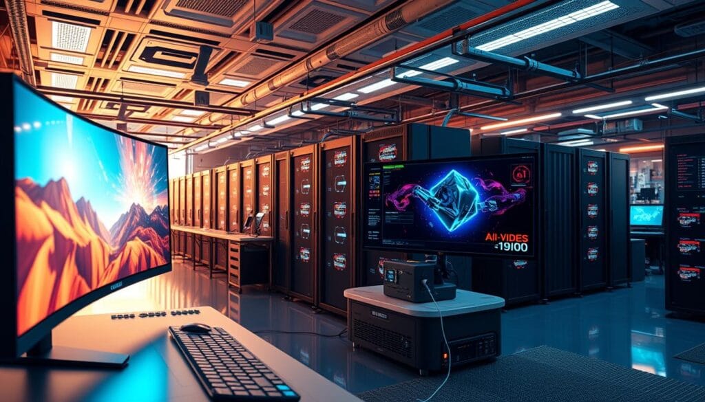 A digital studio filled with cutting-edge AI video generation tools. In the foreground, a sleek, futuristic workstation with a panoramic display showcasing vibrant, AI-generated footage. In the middle ground, rows of powerful GPU servers humming with AI processing power. The background is a sprawling, high-tech lab with holographic interfaces, robotic arms, and an atmosphere of innovation and creativity. Soft, warm lighting illuminates the scene, casting a futuristic glow. The overall mood is one of boundless technological possibility, where AI video editing and generation is at the forefront of media production.