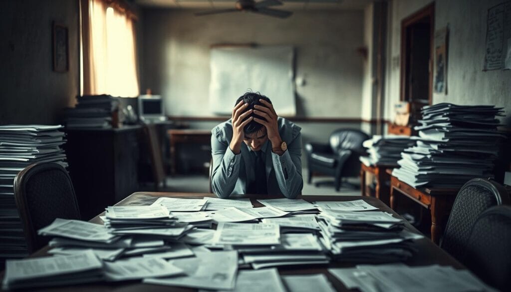 A dilapidated office with worn furniture and stacks of papers covering the desk, symbolizing the burden of debt. Soft lighting casts shadows, creating a somber, contemplative atmosphere. In the center, a person sits with their head in their hands, reflecting on the challenges of debt settlement. The background is blurred, highlighting the focus on the figure and their struggle. The overall scene conveys the weight and difficult decisions involved in navigating the debt settlement process.