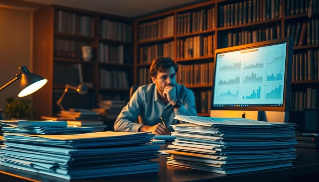 A dimly lit financial office, the desk a hub of activity. In the foreground, stacks of documents representing credit risk reports and diversification strategies, meticulously organized. A computer screen displays complex charts and graphs, illuminating the nuances of high-yield bond fund management. The middle ground features a portfolio manager deep in contemplation, brow furrowed as they consider the optimal investment approach. Warm, muted lighting casts a pensive atmosphere, underscoring the gravity of the decisions at hand. In the background, towering bookshelves filled with financial tomes hint at the breadth of knowledge required to navigate the high-yield bond landscape. An air of thoughtful deliberation pervades the scene, capturing the essence of "Key Factors to Consider When Choosing High-Yield Bond Funds". A dimly lit financial office, the desk a hub of activity. In the foreground, stacks of documents representing credit risk reports and diversification strategies, meticulously organized. A computer screen displays complex charts and graphs, illuminating the nuances of high-yield bond fund management. The middle ground features a portfolio manager deep in contemplation, brow furrowed as they consider the optimal investment approach. Warm, muted lighting casts a pensive atmosphere, underscoring the gravity of the decisions at hand. In the background, towering bookshelves filled with financial tomes hint at the breadth of knowledge required to navigate the high-yield bond landscape. An air of thoughtful deliberation pervades the scene, capturing the essence of "Key Factors to Consider When Choosing High-Yield Bond Funds".