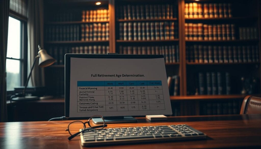 A dimly lit office setting, with a wooden desk in the foreground featuring a computer monitor, keyboard, and a pair of reading glasses. The background showcases a bookshelf filled with legal tomes, subtly highlighting the financial and retirement planning theme. Soft, warm lighting casts a pensive, contemplative mood, guiding the viewer's attention to the central focus - a chart or document displaying the details of "Full Retirement Age Determination" in a clear, organized manner. The scene conveys a sense of informed, careful consideration of this important financial decision. A dimly lit office setting, with a wooden desk in the foreground featuring a computer monitor, keyboard, and a pair of reading glasses. The background showcases a bookshelf filled with legal tomes, subtly highlighting the financial and retirement planning theme. Soft, warm lighting casts a pensive, contemplative mood, guiding the viewer's attention to the central focus - a chart or document displaying the details of "Full Retirement Age Determination" in a clear, organized manner. The scene conveys a sense of informed, careful consideration of this important financial decision.