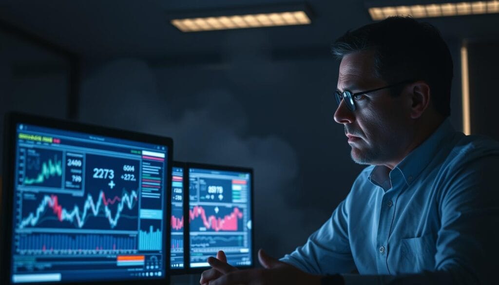 A dimly lit office space, the glow of computer screens casting shadows across the faces of two financial analysts engaged in a heated debate. In the foreground, complex financial charts and data visualizations flutter on their screens, a testament to the dizzying complexity of modern investment strategies. The analysts' expressions convey a sense of unease, reflecting the challenges and limitations of relying solely on AI-driven financial planning tools. The background is hazy, suggesting the uncertainty and unpredictability that loom over the world of finance. The overall scene evokes the delicate balance between human expertise and technological automation in the realm of wealth management.