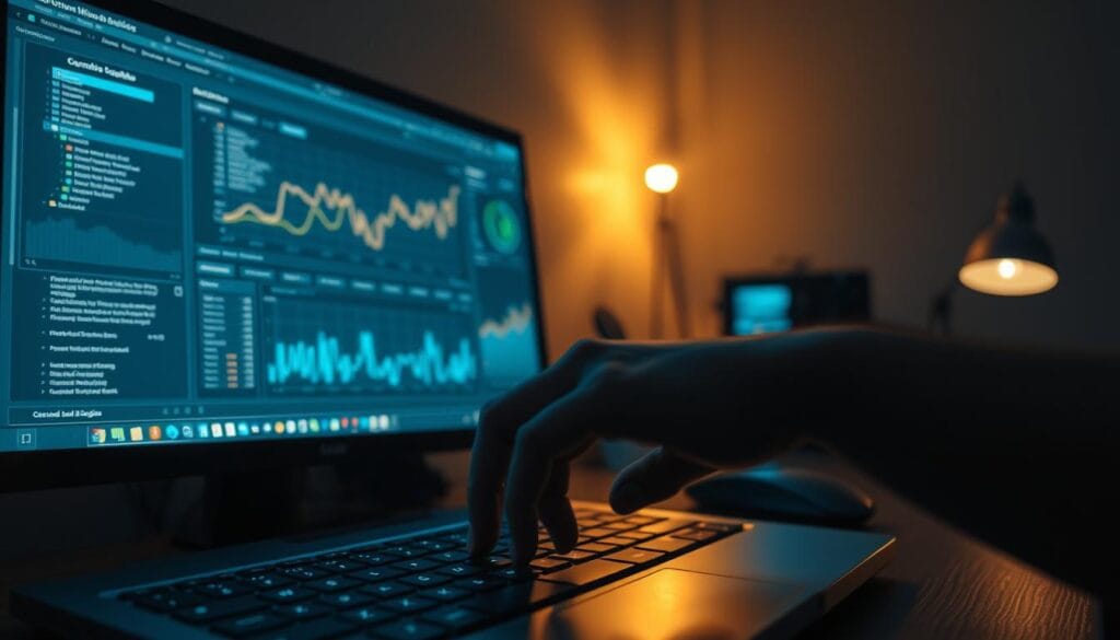 A dimly lit office space, with a desktop computer screen displaying a complex data visualization dashboard. In the foreground, a person's hand hovers over the keyboard, hesitating, conveying a sense of unease and concern about the privacy implications of the telematics data being monitored. The background is shrouded in shadows, suggesting the hidden vulnerabilities and potential risks associated with the data security aspects of telematics systems. Soft, warm lighting from a nearby desk lamp casts a subtle glow, creating an atmosphere of contemplation and uncertainty. The scene evokes the need to balance the benefits of telematics with the importance of safeguarding personal information and privacy. A dimly lit office space, with a desktop computer screen displaying a complex data visualization dashboard. In the foreground, a person's hand hovers over the keyboard, hesitating, conveying a sense of unease and concern about the privacy implications of the telematics data being monitored. The background is shrouded in shadows, suggesting the hidden vulnerabilities and potential risks associated with the data security aspects of telematics systems. Soft, warm lighting from a nearby desk lamp casts a subtle glow, creating an atmosphere of contemplation and uncertainty. The scene evokes the need to balance the benefits of telematics with the importance of safeguarding personal information and privacy.