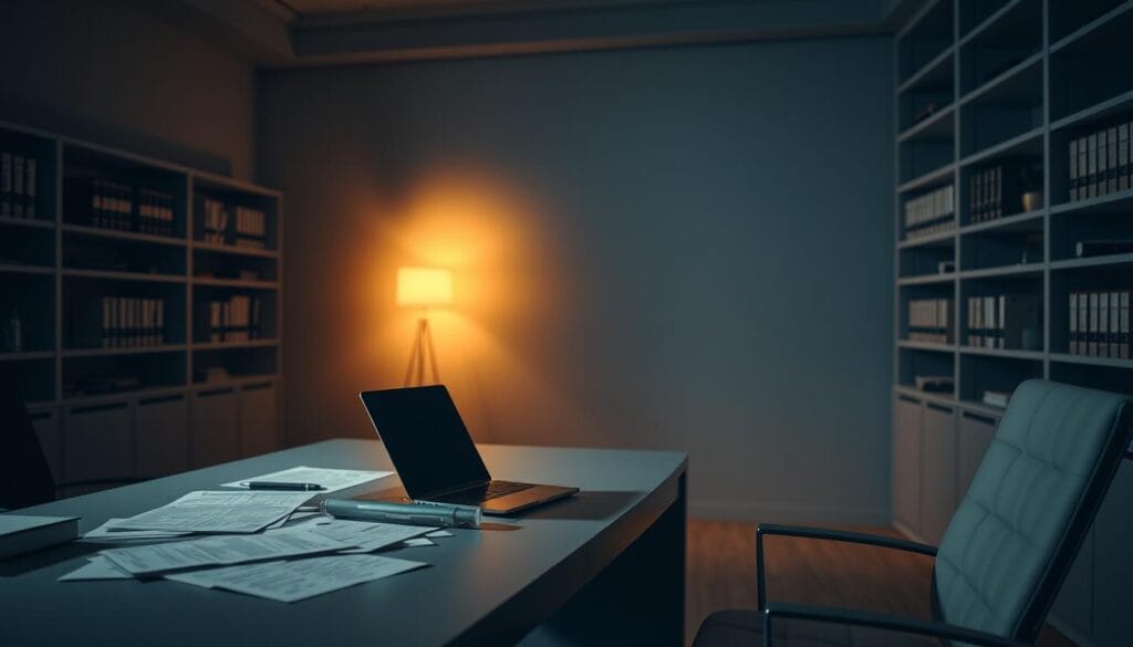 A dimly lit office space with a sleek, modern desk and chair. On the desk, a laptop and an assortment of papers, representing the intricacies of AI compliance regulations. The walls are adorned with shelves, holding legal books and reference materials. Soft, warm lighting casts a subtle glow, creating a contemplative atmosphere. The camera angle is slightly elevated, capturing the scene from a thoughtful, analytical perspective. The overall mood is one of diligence, responsibility, and the careful consideration of the legal and ethical implications of AI-powered ventures.