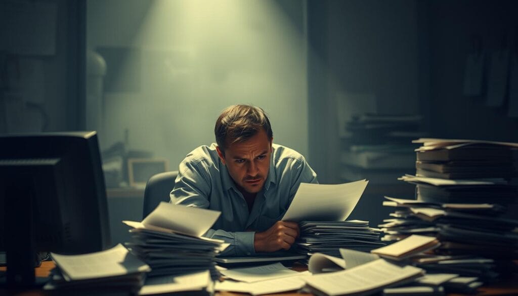 A dimly lit office space, with a weary employee hunched over a cluttered desk, surrounded by piles of paperwork and a dated desktop computer. The employee's expression conveys a sense of frustration and fatigue, highlighting the inefficiency and time-consuming nature of manual data entry. The background is hazy, emphasizing the focus on the main subject, while the lighting creates a somber, underappreciated atmosphere. The overall scene suggests the need for a more streamlined, technology-driven solution to expense tracking that can save time and reduce the burden on employees. A dimly lit office space, with a weary employee hunched over a cluttered desk, surrounded by piles of paperwork and a dated desktop computer. The employee's expression conveys a sense of frustration and fatigue, highlighting the inefficiency and time-consuming nature of manual data entry. The background is hazy, emphasizing the focus on the main subject, while the lighting creates a somber, underappreciated atmosphere. The overall scene suggests the need for a more streamlined, technology-driven solution to expense tracking that can save time and reduce the burden on employees.