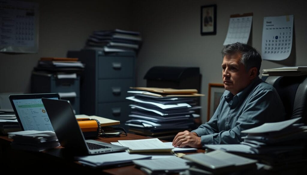 A dimly lit office space, with a weary taxpayer sitting at a cluttered desk, surrounded by stacks of documents and a laptop displaying financial data. The lighting is soft and directional, casting shadows that convey a sense of unease and uncertainty. In the background, a filing cabinet and a calendar on the wall suggest the burden of unpaid taxes and the approaching due date. The taxpayer's expression is one of contemplation and worry, as they navigate the complexities of their financial situation and the possibility of "currently not collectible status" from the IRS.