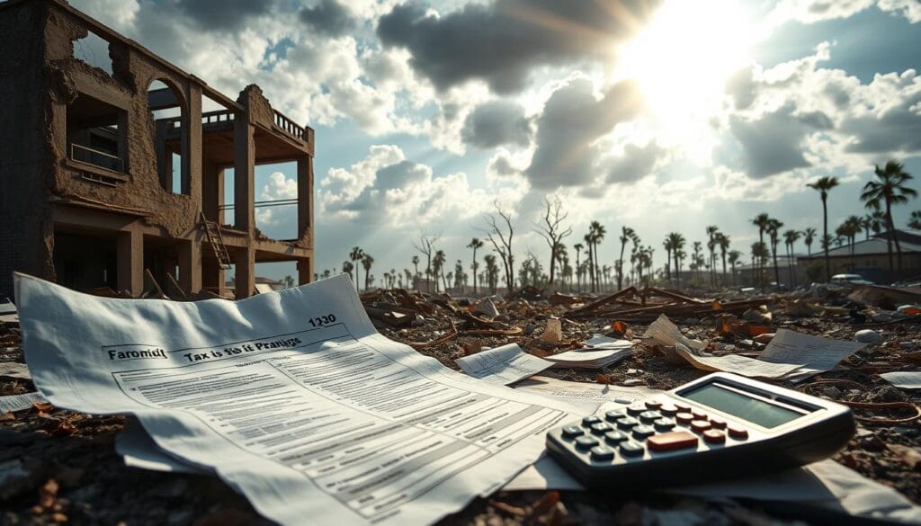 A disaster-stricken landscape with a focus on the financial impact on real estate investors. In the foreground, a crumpled tax form and a calculator symbolize the need for tax planning, set against a backdrop of a partially destroyed building. Sunlight filters through the clouds, casting a somber yet hopeful atmosphere. The middle ground features various financial documents and receipts scattered amidst the debris, hinting at the complexities of claiming disaster loss deductions. The background is a panoramic view of the devastation, with damaged structures and fallen trees, conveying the scale of the disaster. Detailed textures, realistic lighting, and a cinematic camera angle create a compelling visual narrative.