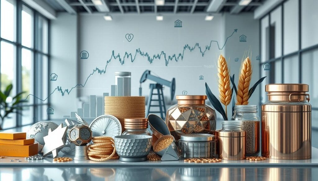 A diverse portfolio of commodities including gold, silver, crude oil, wheat, and copper, with charts, graphs, and icons representing their price movements and fluctuations. The scene is set in a modern, minimalist office environment with large windows providing natural lighting. The color palette is a harmonious blend of blues, grays, and metallic accents, creating a sense of stability and professionalism. The composition features a balanced arrangement of the various commodity elements, highlighting their interconnectedness and the importance of diversification in the context of commodity trading. A diverse portfolio of commodities including gold, silver, crude oil, wheat, and copper, with charts, graphs, and icons representing their price movements and fluctuations. The scene is set in a modern, minimalist office environment with large windows providing natural lighting. The color palette is a harmonious blend of blues, grays, and metallic accents, creating a sense of stability and professionalism. The composition features a balanced arrangement of the various commodity elements, highlighting their interconnectedness and the importance of diversification in the context of commodity trading.