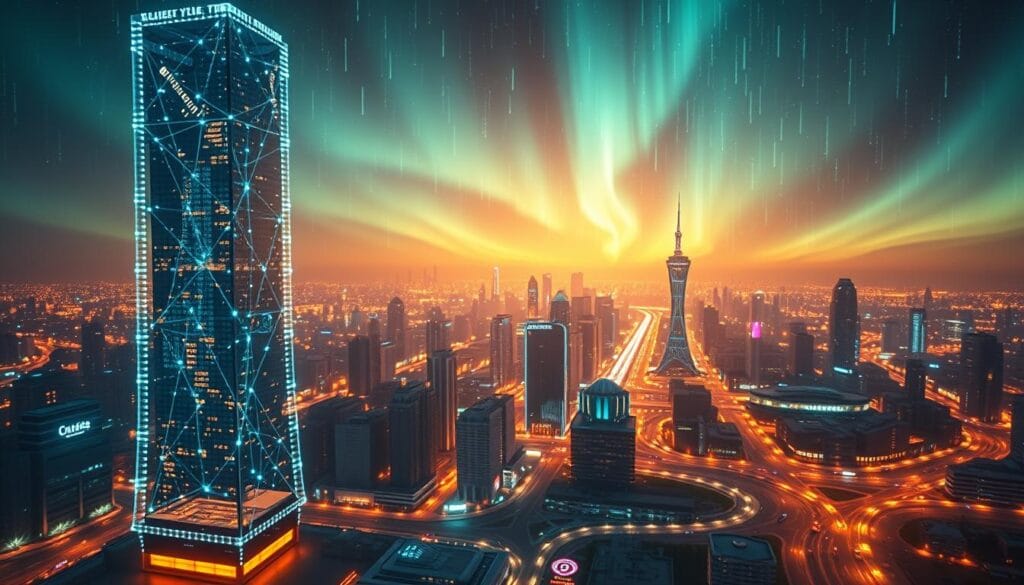 A dynamic 3D visualization of the digital economy landscape in 2025. In the foreground, a towering holographic data tower represents the vast interconnected networks and digital infrastructure. Middle ground features a glowing cityscape of smart buildings, autonomous vehicles, and bustling digital marketplaces. In the background, an aurora-lit sky with cascading data streams symbolizes the boundless potential of the digital realm. Cinematic lighting and a sleek, futuristic aesthetic convey the power, complexity, and transformative nature of the digital economy.