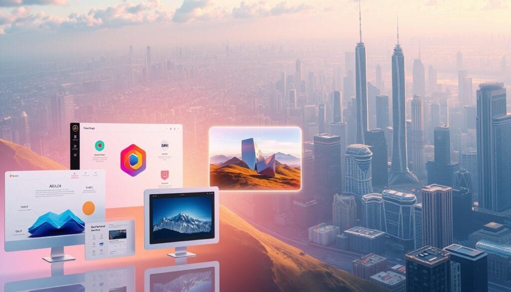 A dynamic and futuristic illustration showcasing the leading AI image generation and editing platforms. In the foreground, a collage of sleek, minimalist interfaces representing popular tools like Stable Diffusion, DALL-E, and Midjourney, all bathed in a warm, soft light. In the middle ground, a floating holographic display showcases a vibrant, AI-generated landscape, hinting at the powerful creative potential of these technologies. The background is a vast, 3D rendered cityscape, its towering skyscrapers and advanced infrastructure symbolizing the rapid advancements in artificial intelligence and its broader societal impact. The overall atmosphere is one of innovation, wonder, and the limitless possibilities of AI-powered visual creation.