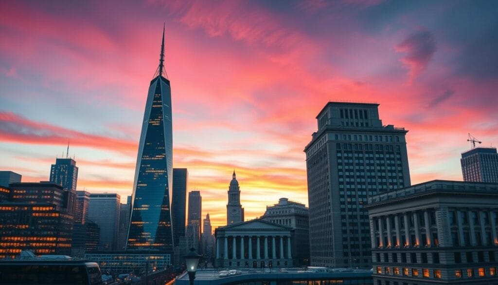 A dynamic cityscape at dusk, with a striking contrast between the towering skyscrapers of growth stocks and the more grounded, established buildings of value stocks. Sleek, modern architecture in the foreground, with warm lighting and reflective glass surfaces, symbolizing the rapid ascent of growth companies. In the middle ground, classical stone and brick structures stand firm, representing the stability and reliability of value stocks. The background fades into a vibrant, dusky sky, hinting at the uncertainty and potential shifts in the market landscape. A cinematic, thought-provoking scene that captures the essence of the growth versus value stock dynamic. A dynamic cityscape at dusk, with a striking contrast between the towering skyscrapers of growth stocks and the more grounded, established buildings of value stocks. Sleek, modern architecture in the foreground, with warm lighting and reflective glass surfaces, symbolizing the rapid ascent of growth companies. In the middle ground, classical stone and brick structures stand firm, representing the stability and reliability of value stocks. The background fades into a vibrant, dusky sky, hinting at the uncertainty and potential shifts in the market landscape. A cinematic, thought-provoking scene that captures the essence of the growth versus value stock dynamic.