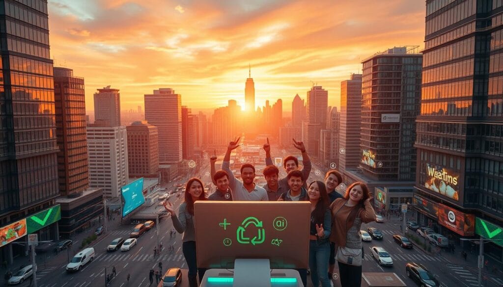 A dynamic cityscape filled with modern high-rise buildings and bustling streets. In the foreground, a group of young, diverse entrepreneurs celebrate their success, gathered around a large, futuristic-looking computer terminal. The middle ground showcases prominent startup logos and symbols, casting a warm, golden glow over the scene. In the background, a stunning skyline with a vibrant, sunset-hued sky sets the stage for this celebration of entrepreneurial triumph. The lighting is crisp, the composition balanced, and the overall atmosphere conveys a sense of optimism, innovation, and the thrill of realizing a vision through the power of crowdfunding.