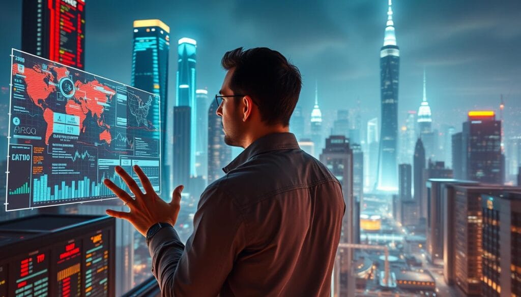 A dynamic cityscape of towering skyscrapers and data centers, illuminated by a vibrant digital glow. In the foreground, a financial analyst reviews intricate visualizations on a futuristic holographic display, their hands gesturing as they interpret complex algorithms. Surrounding them, automated trading platforms and AI-powered portfolio optimization tools work tirelessly, their code cascading across multiple screens. In the background, a sea of stock tickers and financial data streams flow seamlessly, reflecting the endless possibilities of machine learning in modern finance. The scene is captured with a cinematic wide-angle lens, conveying a sense of scale and the transformative power of artificial intelligence in the world of asset allocation. A dynamic cityscape of towering skyscrapers and data centers, illuminated by a vibrant digital glow. In the foreground, a financial analyst reviews intricate visualizations on a futuristic holographic display, their hands gesturing as they interpret complex algorithms. Surrounding them, automated trading platforms and AI-powered portfolio optimization tools work tirelessly, their code cascading across multiple screens. In the background, a sea of stock tickers and financial data streams flow seamlessly, reflecting the endless possibilities of machine learning in modern finance. The scene is captured with a cinematic wide-angle lens, conveying a sense of scale and the transformative power of artificial intelligence in the world of asset allocation.